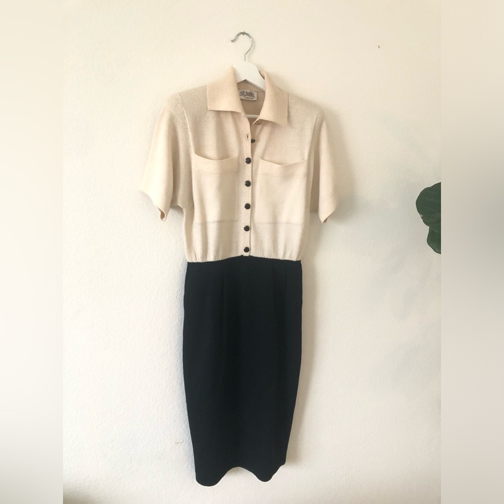 St. John By Marie Gray Women's Cream Black Vintage Knit Sweater Dress Sz 6